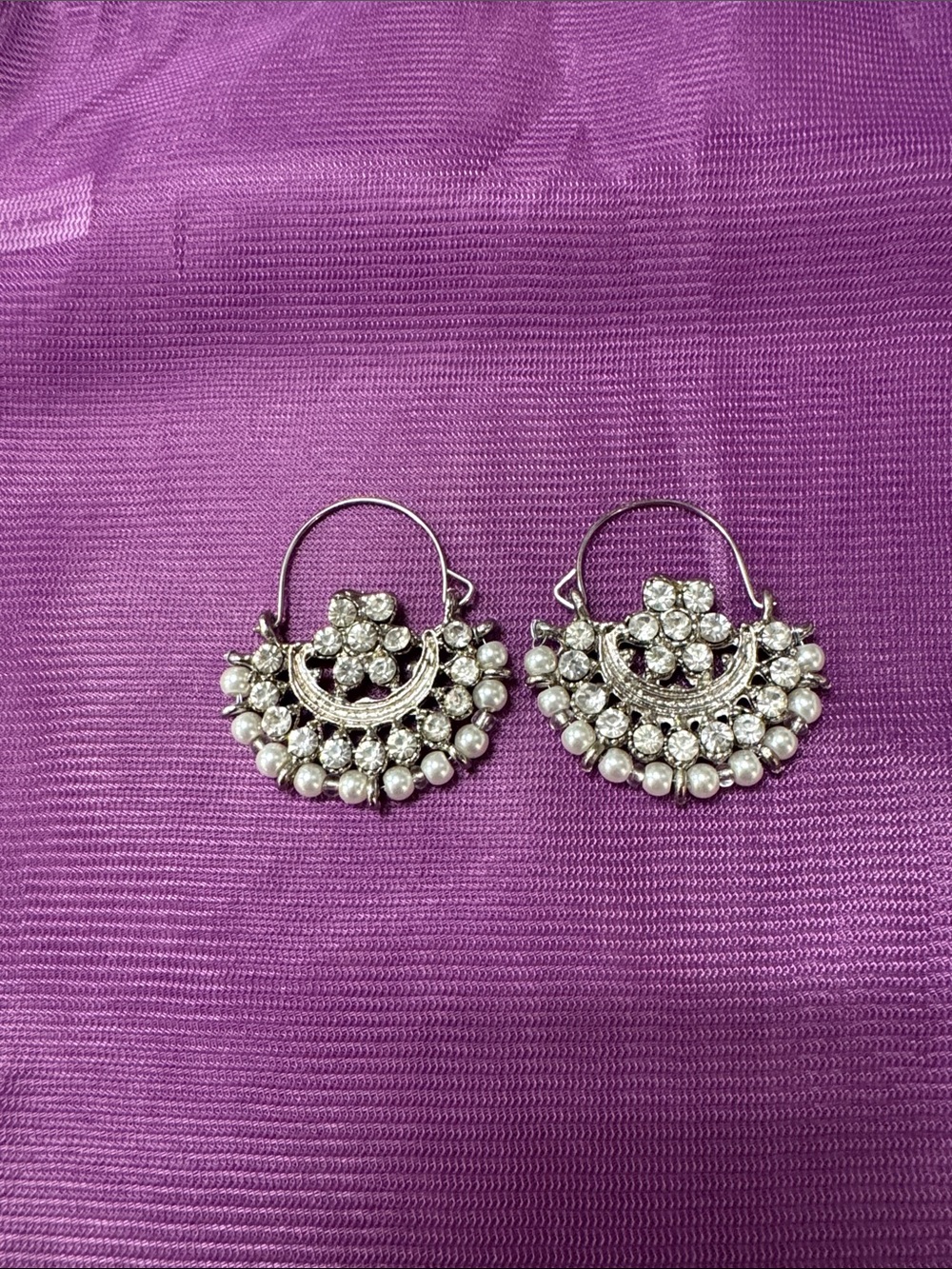 Silver Pearl & Crystal Floral Hoop Earrings - Women Jewelry